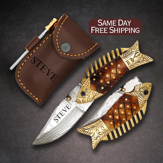 Handmade Damascus Knife Personalized Pocket Knife Folding Knife Groomsmen Gift Fish Knife Father's Day Fishing Gift for Men Boyfriend Dad