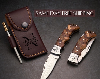 Handmade Damascus Pocket Knife Custom Groomsmen Gift Anniversary Gift for him Dad Husband Personalized Gift for Men Christmas gifts for him