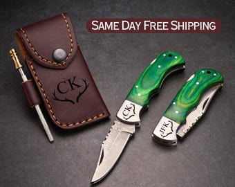 Personalized Pocket Knife, Custom Groomsmen Gifts, Hunting Gifts for Men, Mens Gifts Unique, Handmade Damascus Knife, Engraved Green Knife