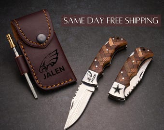 Football Personalized Pocket Knife, NFL Team Logos, Football Players, Handmade Damascus Folding Knife, Gift for Him, Groomsmen, Sports Fan