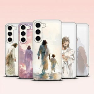 May include: Four phone cases with different images of Jesus. The first case features Jesus walking with a child. The second case features Jesus walking with a child and a lamb. The third case features Jesus holding a lamb. The fourth case features Jesus walking with a child.