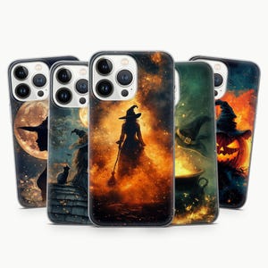 May include: A collection of five phone cases featuring Halloween-themed designs. The cases showcase witches, a black cat, a cauldron, and a jack-o'-lantern, all set against a backdrop of a full moon and fiery, orange and green skies.
