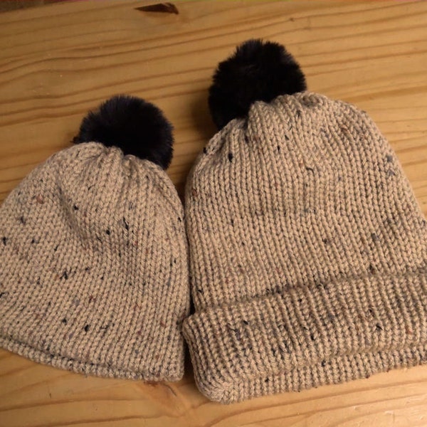 2 for 1 - DADDY N ME BEANIE - Double layered - Tan Speckled Yarn with Full Fluffy Black Pom-Pom