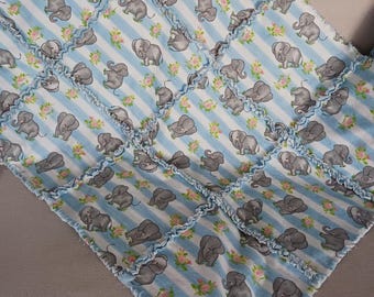 BABY Elephants RAG QUILT - Super Sweet Rag Quilt  - Pale Blue and Gray Flannel