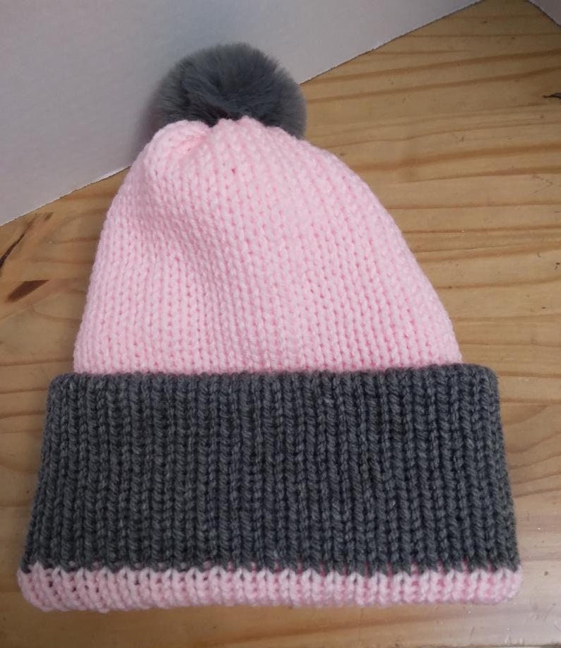 WOMANS KNITTED BEANIE Double layered Pink and Gray Full Fluffy Gray Pom-Pom image 5
