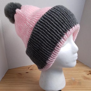 WOMANS KNITTED BEANIE Double layered Pink and Gray Full Fluffy Gray Pom-Pom image 2