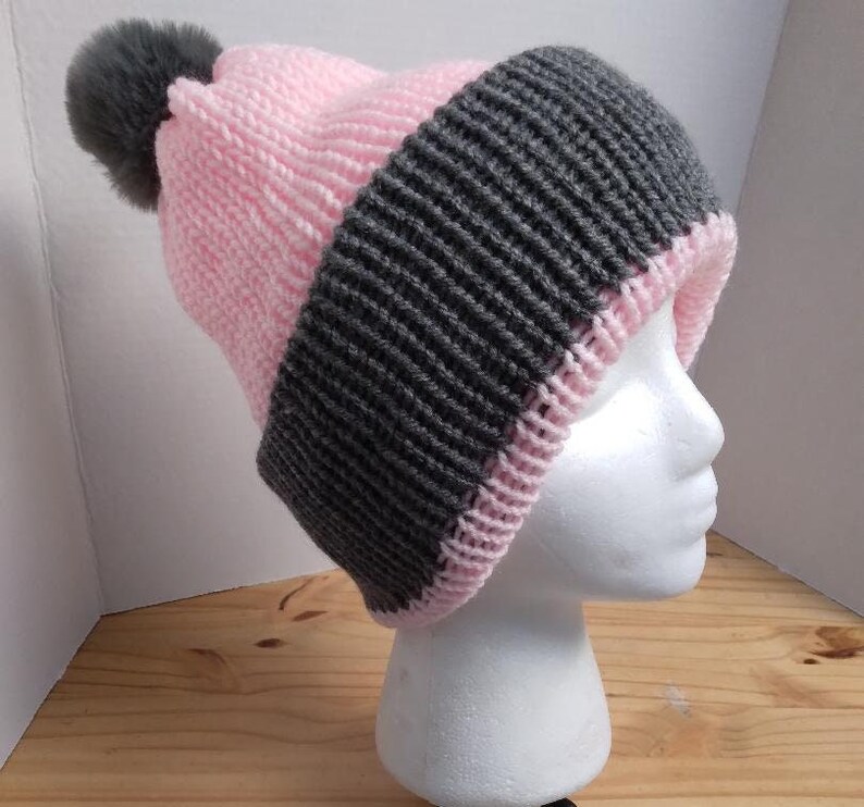 WOMANS KNITTED BEANIE Double layered Pink and Gray Full Fluffy Gray Pom-Pom image 2