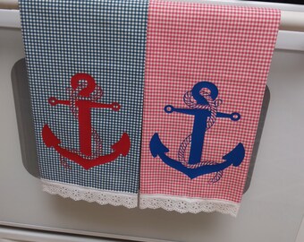 NAUTICAL Decorative TOWELS - Set of Two - GINGHAM Fabric Anchors