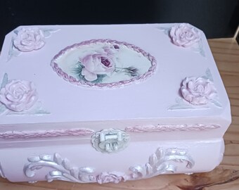 KEEPSAKE JEWELRY BOX - Pink and Silver - 3D Sculptured Roses - Velvet Lined