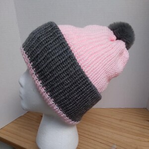 WOMANS KNITTED BEANIE Double layered Pink and Gray Full Fluffy Gray Pom-Pom image 4