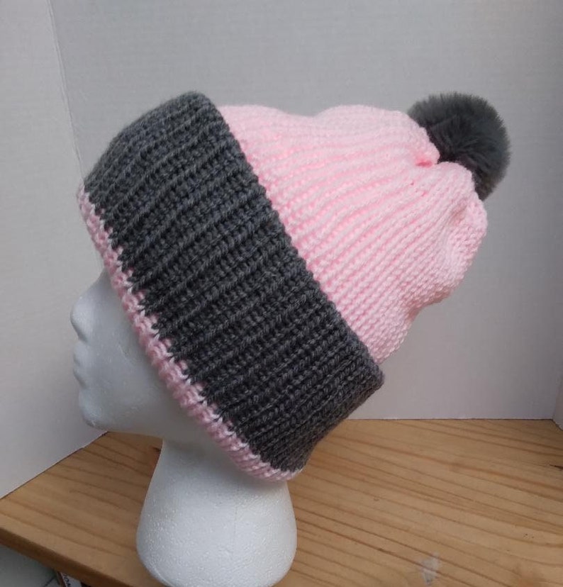 WOMANS KNITTED BEANIE Double layered Pink and Gray Full Fluffy Gray Pom-Pom image 4