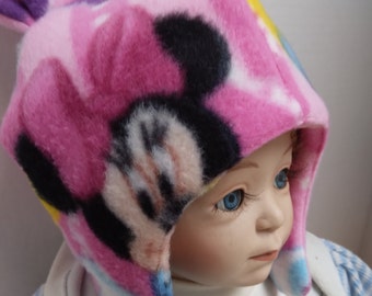 INFANT WINTER HAT - Fleece Newborn Hat with Earflaps.  Pink Minnie Mouse Print with Mouse Ears on Top