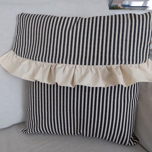 16&quot; PILLOW COVER / Slip - Black and Cream Ticking Stripe Tan RUFFLE -