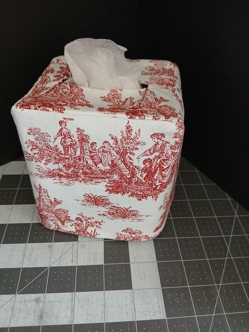 TOILE TISSUE Box COVER - Black, Blue, Gray, Pink, Green toile or Black or Blue Gingham square Tissue Box Cover, Roses, Cranberry Red Toile