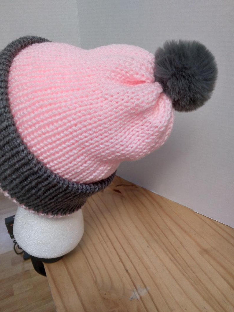 WOMANS KNITTED BEANIE Double layered Pink and Gray Full Fluffy Gray Pom-Pom image 3