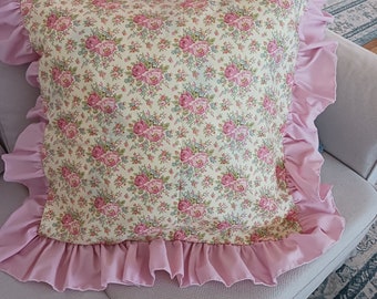 Pink ROSES PILLOW Covers / Slips - Cottage Chic Pink Roses and Ruffles - Set of Two - 20" Square