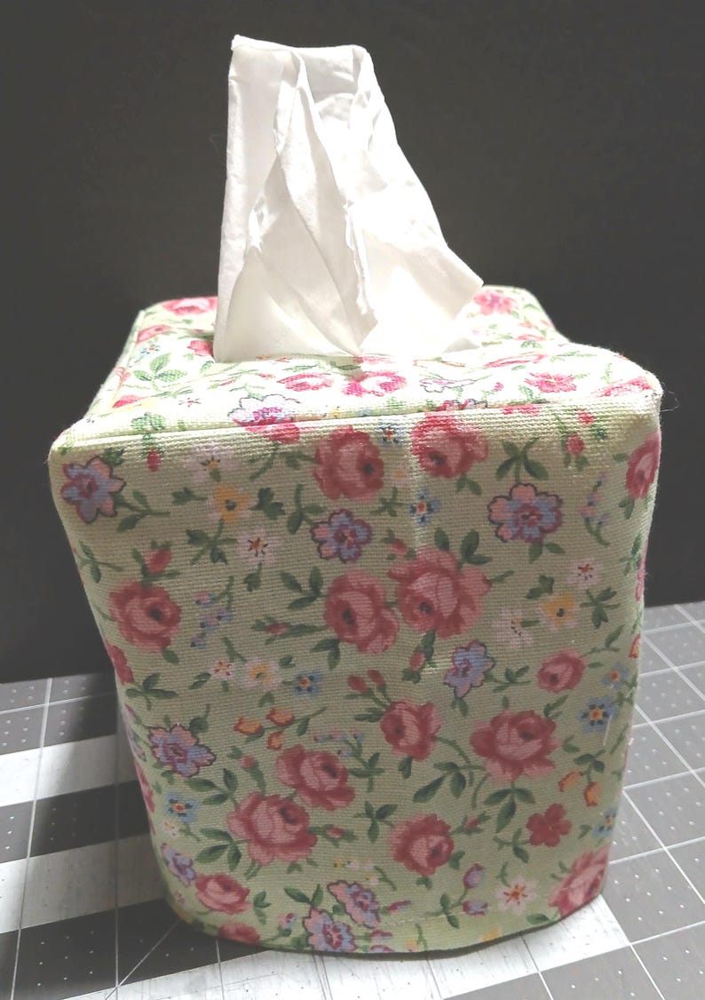 TOILE TISSUE Box COVER - Black, Blue, Gray, Pink, Green toile or Black or Blue Gingham square Tissue Box Cover, Roses, image 13