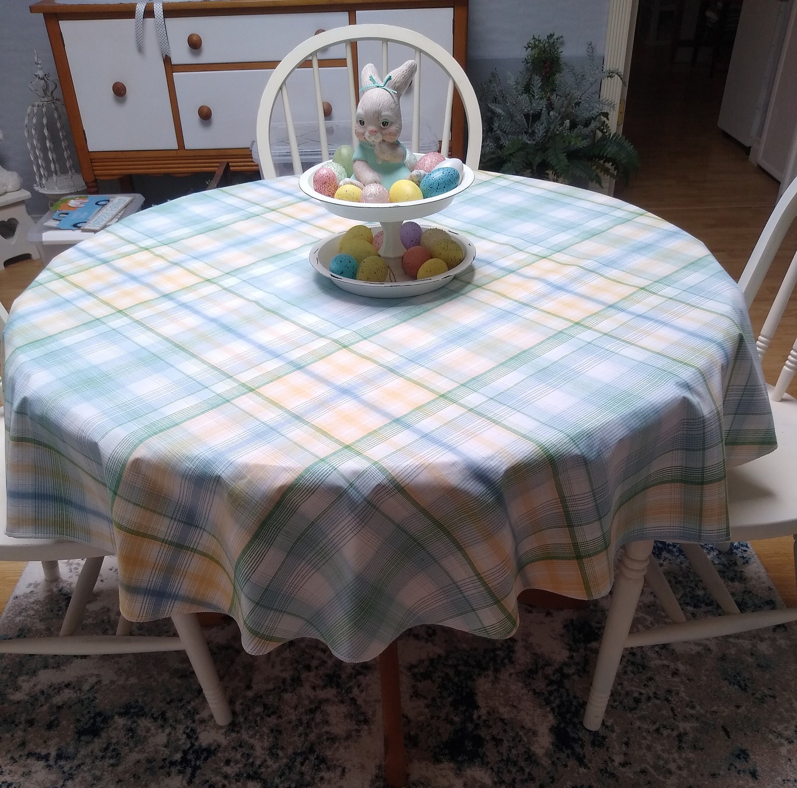 Spring PLAID Round TABLECLOTH 55 Round Green Blue Etsy