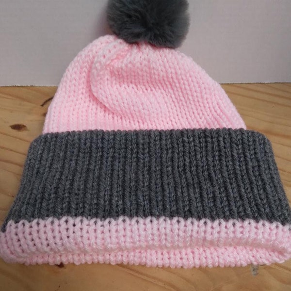 WOMANS KNITTED BEANIE - Double layered - Pink and Gray - Full Fluffy Gray Pom-Pom