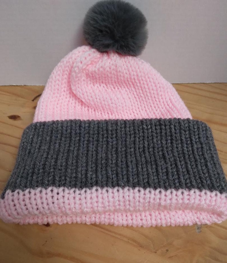 WOMANS KNITTED BEANIE Double layered Pink and Gray Full Fluffy Gray Pom-Pom image 1