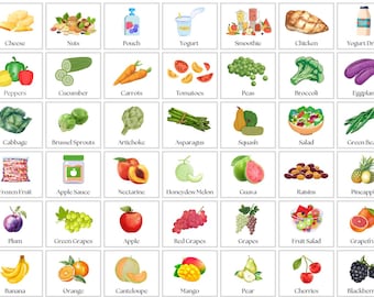 May include: A colorful chart with illustrations of various fruits, vegetables, and other food items. Each item is labeled with its name in white text.