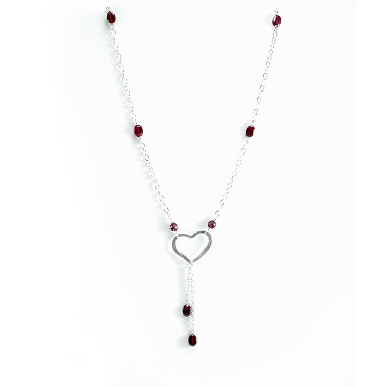 Red Garnet, Heart Necklace. Silver Heart Necklace. Garnet, Sterling Silver, Forged Heart Necklace, Beaded Tassel Dangle. January Birthstone image 3