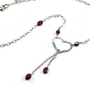 Red Garnet, Heart Necklace. Silver Heart Necklace. Garnet, Sterling Silver, Forged Heart Necklace, Beaded Tassel Dangle. January Birthstone image 1