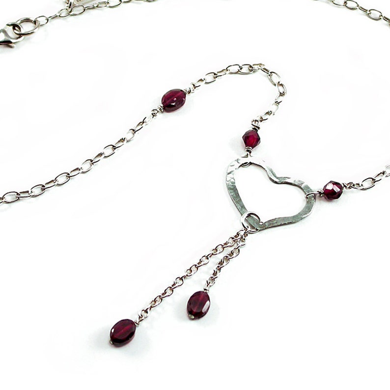 Red Garnet, Heart Necklace. Silver Heart Necklace. Garnet, Sterling Silver, Forged Heart Necklace, Beaded Tassel Dangle. January Birthstone image 1