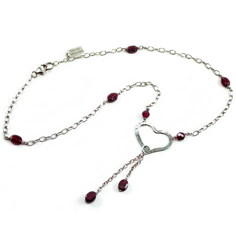 Red Garnet, Heart Necklace. Silver Heart Necklace. Garnet, Sterling Silver, Forged Heart Necklace, Beaded Tassel Dangle. January Birthstone image 2