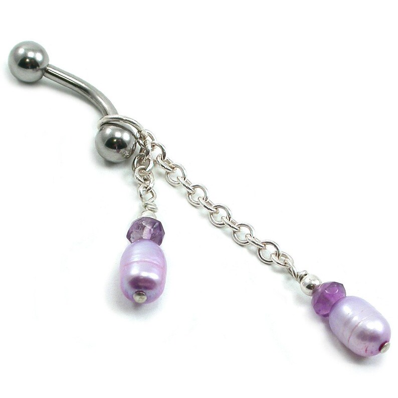 Chain Navel Ring Amethyst Freshwater Pearl Pearl Belly Ring February Birthstone Gemstone Dangle Belly Ring Sterling Silver Amethyst