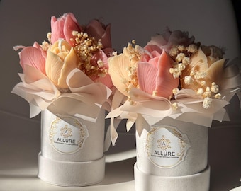 Bouquet di candele di fiori in cera di soia fatte a mano: regalo di lusso in scatola di velluto