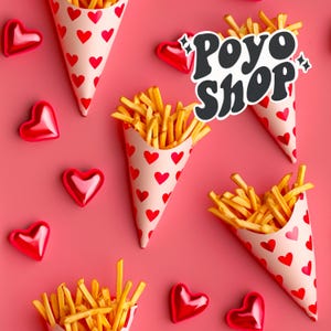 Conos de chips con forma de corazón en 3D Fries Before Guys Love Hearts Comida rápida romántica Chips Divertido Sublimación sin costuras Descarga de papel digital Arte de álbum de recortes