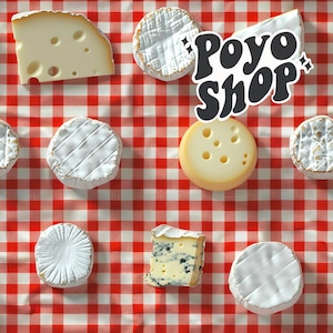 Patrón de picnic sin costuras con queso francés 3D, camembert, archivo repetido, sublimación de tela, diseño de artesanía de papel vibrante, comida peculiar, amante del queso