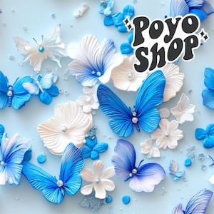3D blues papillons fleurs transparente motif tissu bleu blanc fantaisie papier peint sublimation téléchargement numérique papier scrapbooking journal