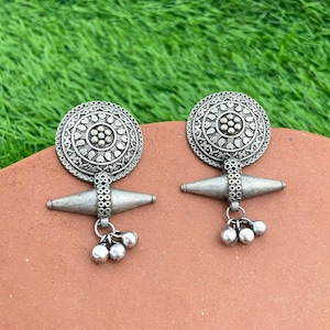 Silver Oxidised Antique Look Dangle Earrings, Indian Ethnic Earrings For  Women & Girls
