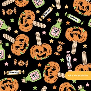 Puede incluir: Un patrón sin costuras que presenta una variedad de elementos de temática de Halloween, incluyendo piruletas de calabaza, caramelos, botellas de pociones y estrellas. El fondo es negro y los elementos están en varios tonos de naranja, verde, rosa y amarillo.