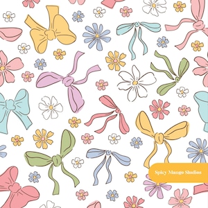 May include: A repeating pattern on a white background featuring various hand-drawn bows and flowers in pastel shades of yellow, pink, blue, and green. A yellow rectangular label in the bottom right corner displays the text Spicy Mango Studios.