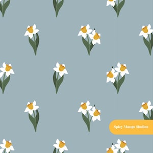Daffodil Seamless Pattern, Dusty Blue Nursery Fabric, Digital Paper Instant Download