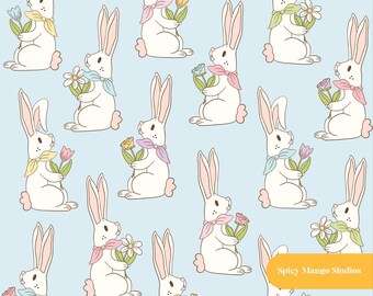 Easter Bunny Seamless Pattern, Light Blue Nursery Fabric, Digital Paper Instant Download