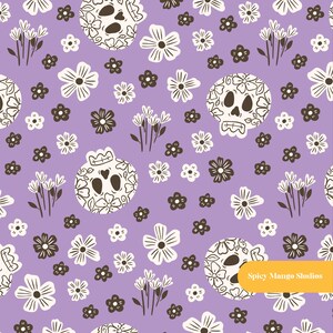 May include: A repeating pattern on a lavender background features stylized skulls, flowers, and sprigs in cream and dark brown. The skulls are decorated with floral designs. The flowers are in various sizes and shapes, creating a whimsical, festive design.