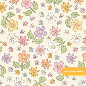May include: A seamless pattern featuring a variety of colorful flowers with green leaves on a light yellow background. The flowers are drawn in a simple, whimsical style. The text "Spicy Mango Studios" appears in a yellow banner at the bottom of the pattern.