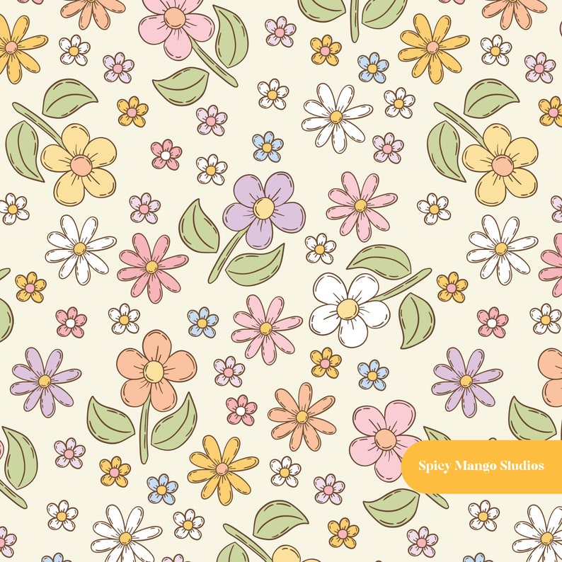 May include: A seamless pattern featuring a variety of colorful flowers with green leaves on a light yellow background. The flowers are drawn in a simple, whimsical style. The text "Spicy Mango Studios" appears in a yellow banner at the bottom of the pattern.
