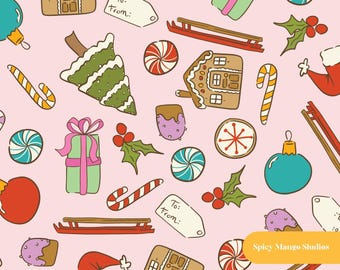 May include: A repeating pattern on a light pink background featuring Christmas illustrations including gingerbread houses, red and green gift boxes, candy canes, peppermint swirls, sleds, holly, ornaments, Santa hats, and gift tags labeled To: From:.