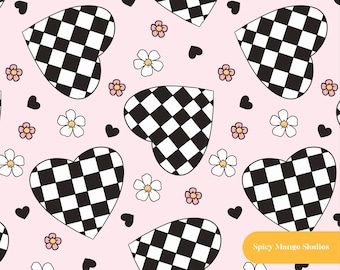 Naadloos Valentijnspatroon, geruite hartjes, lichtroze babykamerstof, digitaal papier, direct te downloaden.
