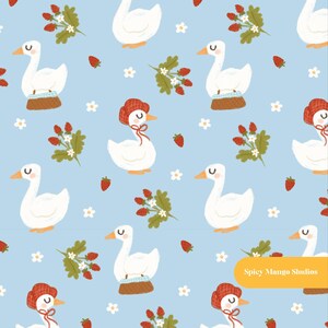 May include: A light blue fabric pattern featuring white geese, some wearing red bonnets, interspersed with red strawberries, green leaves, and small white flowers. A yellow rectangular label in the bottom right corner displays the text Spicy Mango Studios.