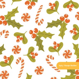 May include: A seamless pattern featuring holly leaves, red berries, candy canes, and peppermint candies on a white background. The pattern is perfect for holiday crafts and projects.