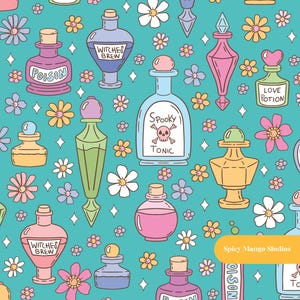 May include: A seamless pattern featuring various colorful potion bottles with whimsical labels like "Witch's Brew", "Poison", "Spooky Tonic", and "Love Potion". The bottles are surrounded by small white and pink flowers on a turquoise background.