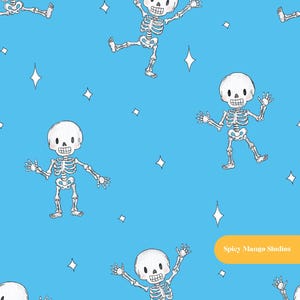 Motif sans couture de squelette dansant, tissu bleu pour chambre d'enfant sur le thème d'Halloween, téléchargement numérique instantané.