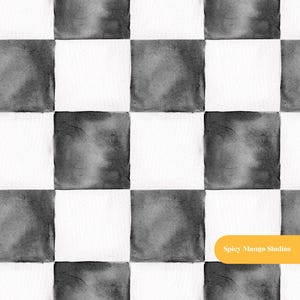 May include: Seamless pattern of black and white watercolor checkerboard squares. The squares have a textured, hand-painted appearance. The pattern is a repeating design, suitable for various applications. The text "Spicy Mango Studios" is in a yellow rectangle.