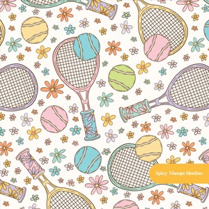 May include: A repeating pattern featuring tennis rackets and tennis balls in shades of pink, blue, yellow, and green, interspersed with small colorful flowers on a white background. The text Spicy Mango Studios appears in a yellow rectangle.